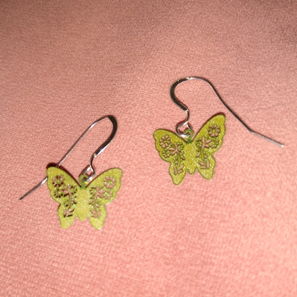 Solid 925 REAL Sterling Silver Wires Lime Butterfly Earrings Butterflies New - Picture 4 of 7